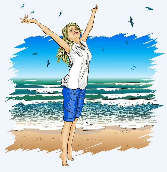 Vacker flicka med armarna utsträckta på en tropisk strand — Stock vektor