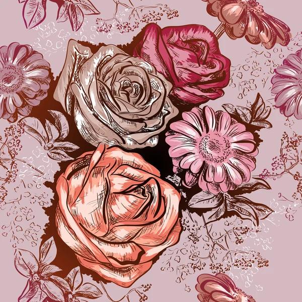 Patrón sin costuras con rosas y manzanilla — Archivo Imágenes Vectoriales