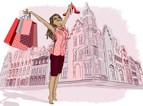 Menina da moda com sacos de compras em uma cidade-fundo —  Vetores de Stock