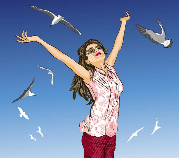 Beautiful girl with arms outstretched on blue sky background and flying birds — Stock Vector