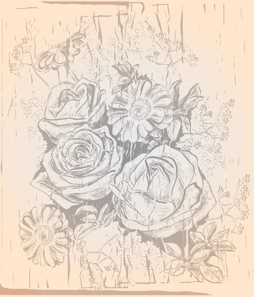 Fondo vintage con rosas y manzanilla — Archivo Imágenes Vectoriales