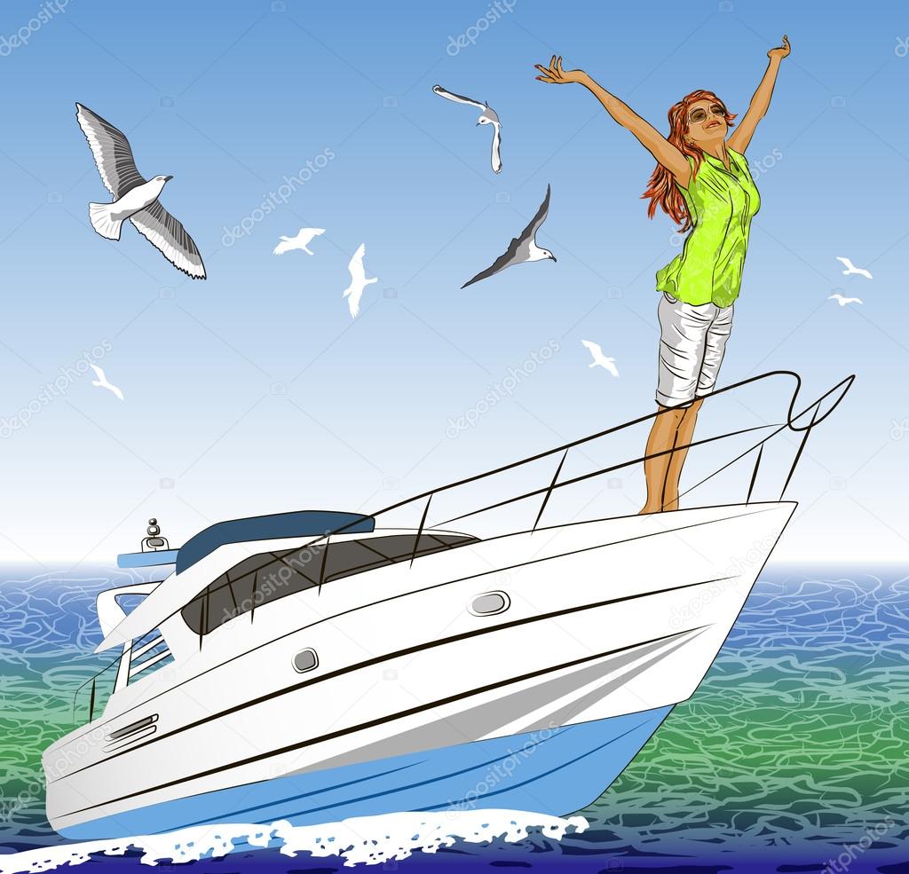 Beautiful girl with arms outstretched on yacht deck