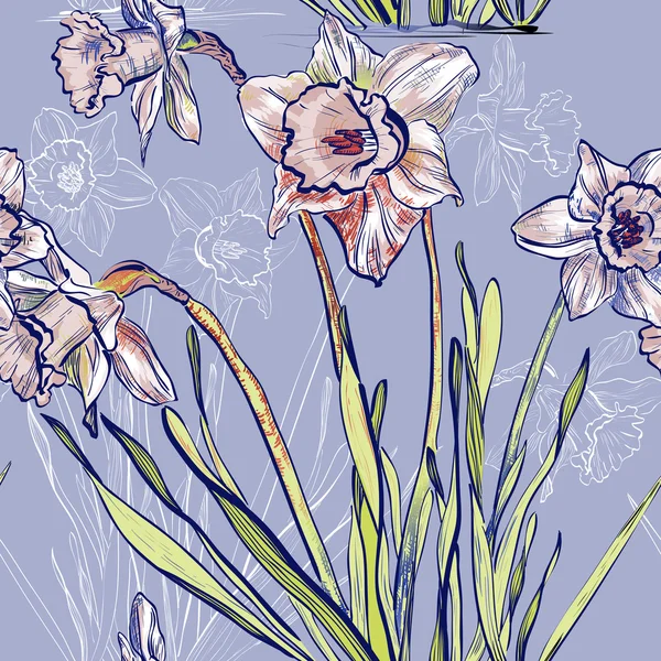 Fundo sem costura com flor de narciso primavera — Vetor de Stock