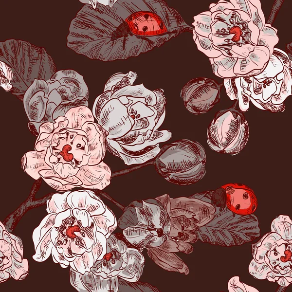 Patrón sin costura con rama de flores y mariquita — Archivo Imágenes Vectoriales