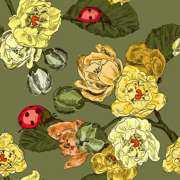 Modèle sans couture avec des fleurs et coccinelle — Image vectorielle