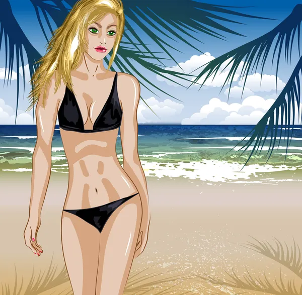 해변에 비키니 입은 아름 다운 금발 소녀 — 스톡 벡터