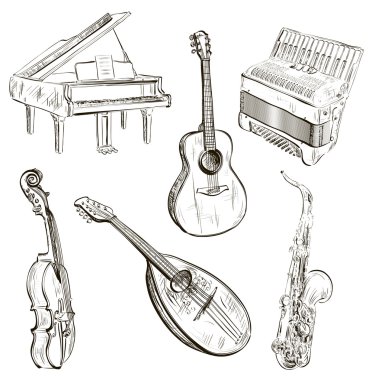 Musical instruments in sketch-style clipart