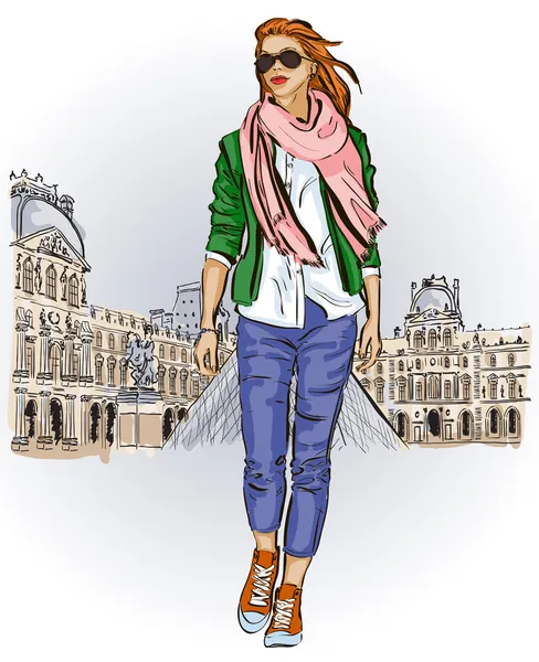 Young girl in sketch-style on a french background — Stock Vector