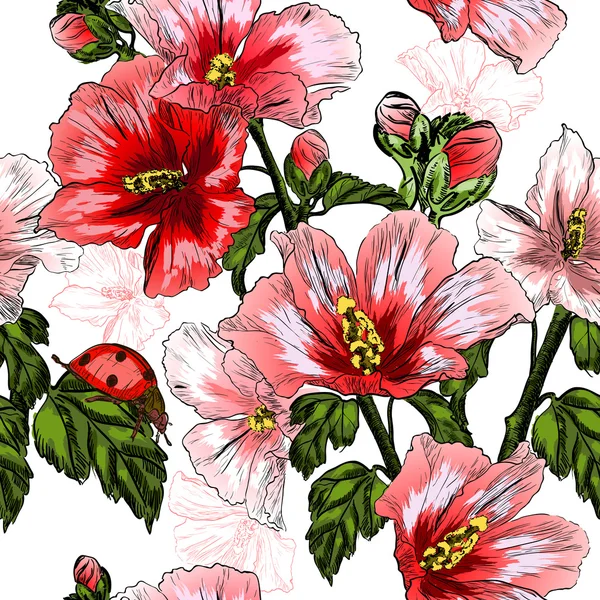 Naadloze patroon met rode hibiscus bloemen en lieveheersbeestje — Stockvector