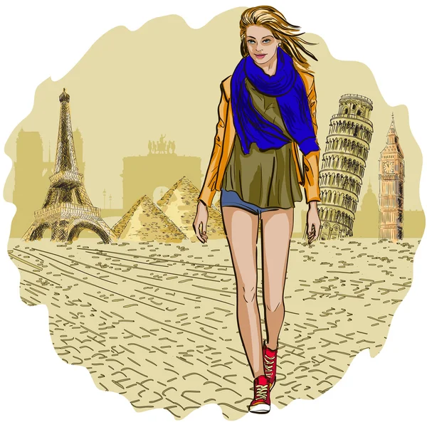 Fashion woman on Travel and tourism background — Stock vektor