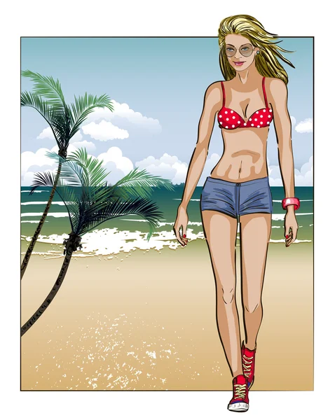 Fille dans le style croquis sur un fond de plage — Image vectorielle