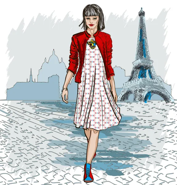 Mulher de moda e horizonte de Paris — Vetor de Stock