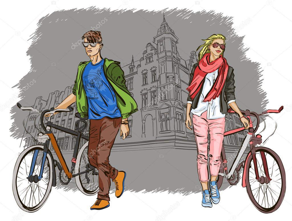 Young couple with bicycles on city background
