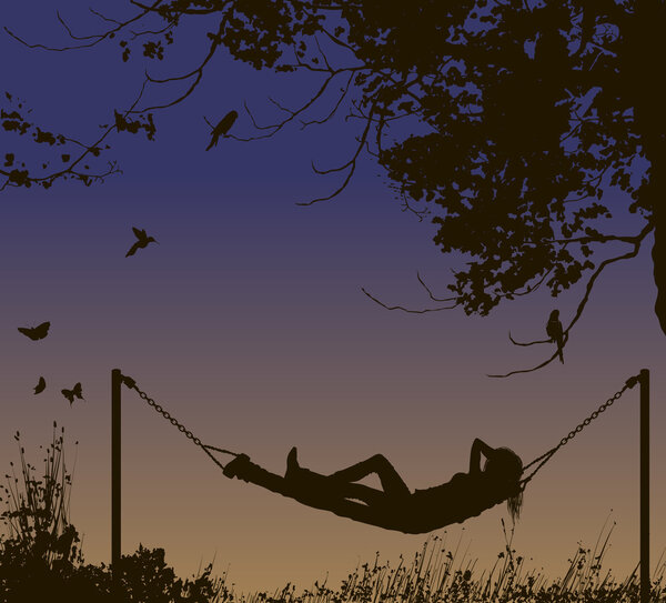 Relaxing woman lying in hammock under trees.