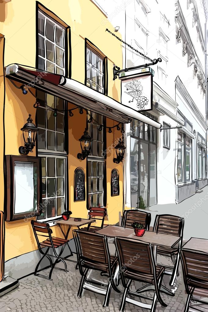 Vector illustration of street cafe in the old city