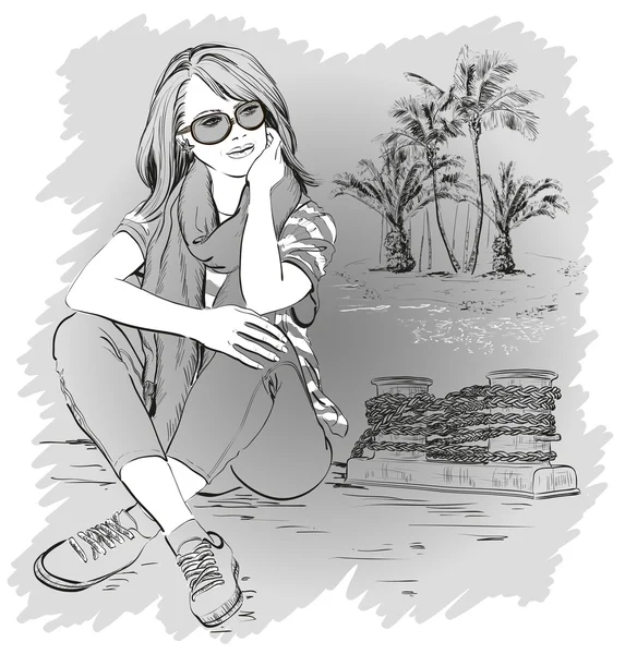 Chica en un muelle contra el mar y la isla con palmeras — Archivo Imágenes Vectoriales