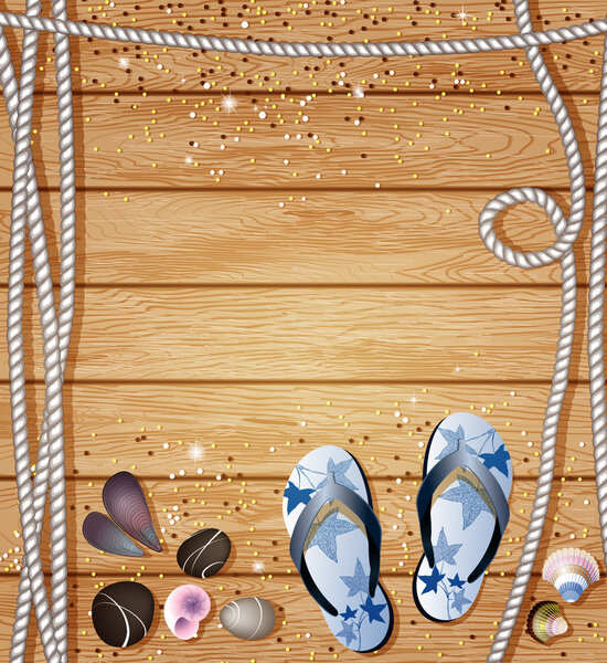 Flip-Flops, pebbles, sea shells and ropes on a background of wooden boards