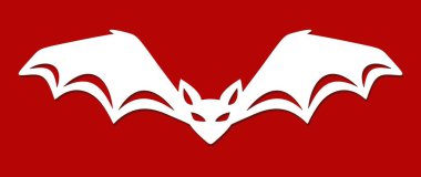 Oyma bir yarasa silueti. Cadılar Bayramı dekorasyon modeli. Şeytani gözler, açık kanatlar, kulaklar. Kırmızı zemin üzerinde beyaz bir nesne. Çizer için vektör illüstrasyonu, şablon lazer kağıt, ahşap, cnc.