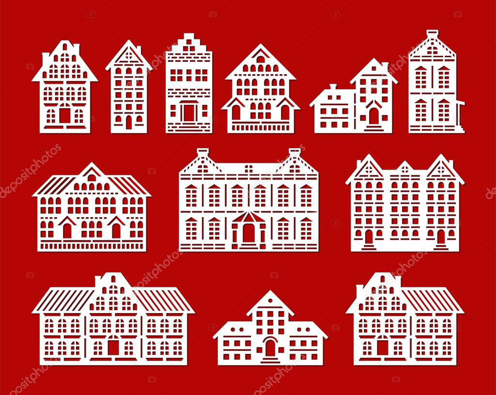 Set of silhouettes of flat houses. Facades of various buildings, houses, cottages, townhouses. Many floors, attic, roof, chimney, windows, door. Vector template for plotter laser cutting of paper, cnc