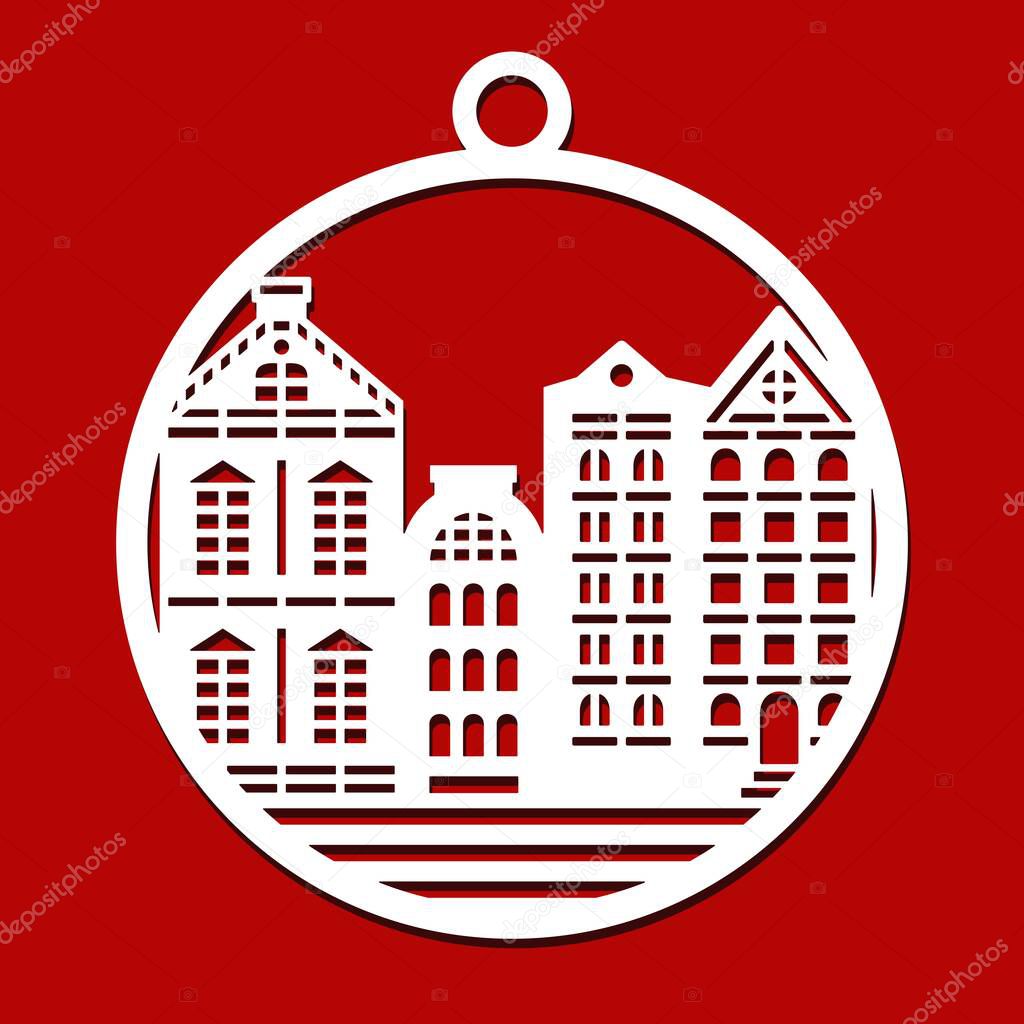 Hanging balls with facades of European houses. Decoration for interior, Christmas tree, New Years holidays. Template of round decorative elements for plotter laser cutting, cnc. Vector illustration.