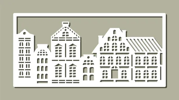 Cuadro Tallado Con Edificios Marco Rectangular Calle Europea Fachadas Blancas — Vector de stock