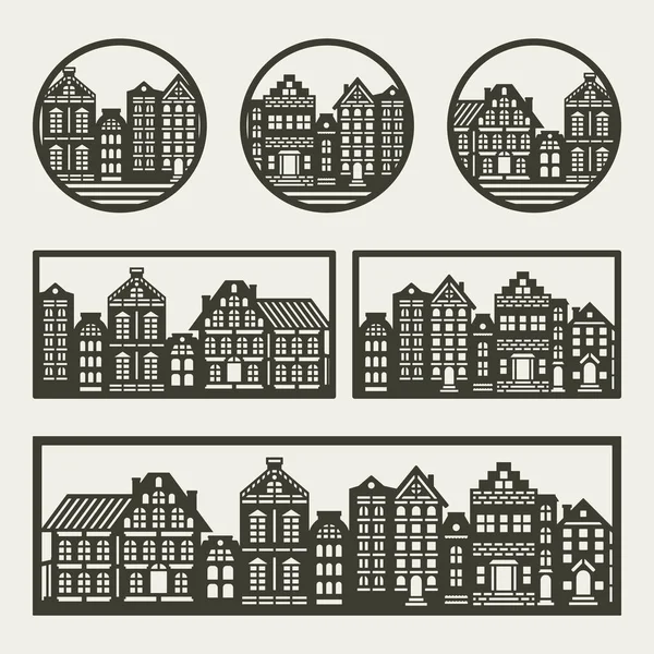 Set Dipinti Con Case Strada Europea Con Facciate Edifici Marroni — Vettoriale Stock
