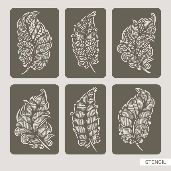 Set Stencil Piume Foglia Stilizzata Decorativa Penna Ornamento Traforato Riccioli — Vettoriale Stock
