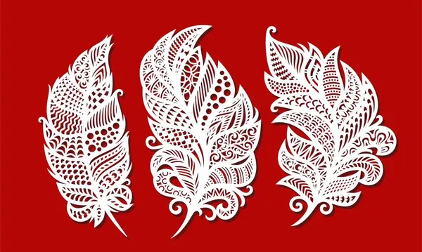 Dekorative Stilisierte Federn Blätter Federkiel Lockenschmuck Schöne Volksmotive Ethnische Muster — Stockvektor
