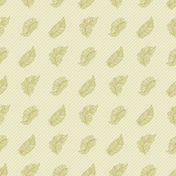 Nahtloses Muster Mit Spitzenfedern Goldgelbe Blätter Auf Hellgestreiftem Hintergrund Unendliche — Stockvektor