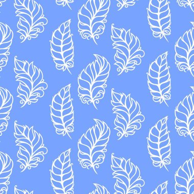 Dekoratif tüyleri olan kusursuz bir desen. Parlak mavi arka planda beyaz yaprak iskeletleri. Duvar kağıtları, yatak örtüleri, yastıklar, tekstil ürünleri, ambalaj kağıtları için sonsuz doku. Vektör illüstrasyonu.
