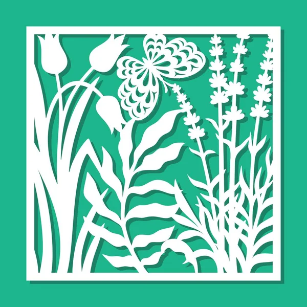 Quadratische Platte Mit Blumen Und Einem Schmetterling Malerei Mit Floralem — Stockvektor