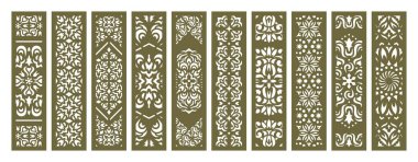 Dikey dikdörtgen paneller, kafes, yer imi. Çiçek desenli dekoratif elementler. Çizici lazer kesim şablonu, metal oyma, ahşap oyma, cnc. Vektör illüstrasyonu.