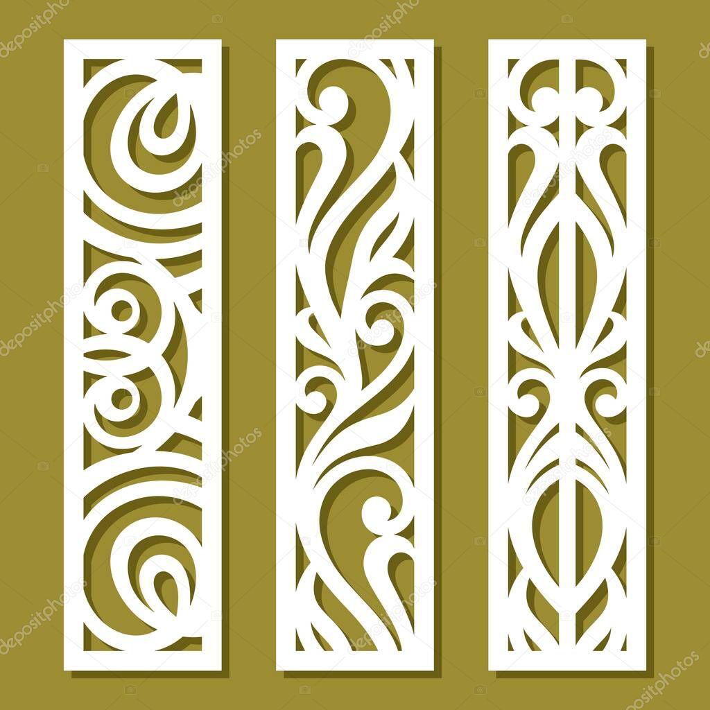 Set of vertical rectangular panels, lattice, bookmark. Decorative elements with a carved pattern. Template for plotter laser cutting of paper, metal engraving, wood carving, cnc. Vector illustration.