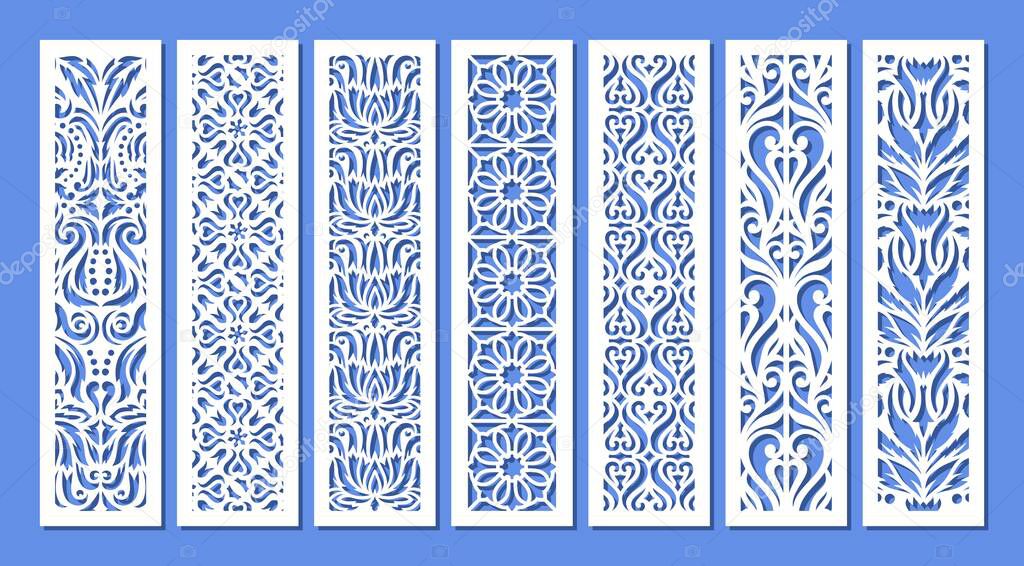 Set of vertical rectangular panels, lattice, bookmark. Decorative elements with a floral pattern. Template for plotter laser cutting of paper, metal engraving, wood carving, cnc. Vector illustration.