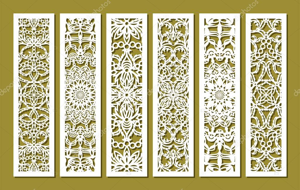 Set of rectangular vertical lace panels. Stencil, lattice with oriental pattern, floral ornament from decorative leaves, flowers, curls. Template for plotter laser cutting of paper, engraving, carving