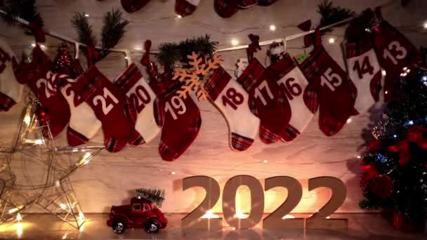 Cartão Natal Festivo Para Ano Novo 2022 Com Luzes Guirlanda — Vídeo de Stock