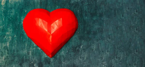 Gran Corazón Rojo Volumétrico Plegado Usando Técnica Origami Una Pared — Foto de Stock