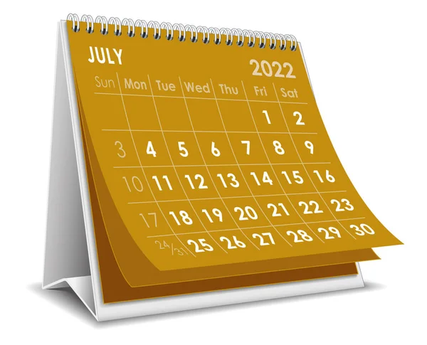 Luglio Calendario Desktop 2022 Sfondo Bianco — Vettoriale Stock