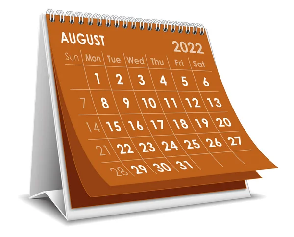 Augustus Desktop Kalender 2022 Witte Achtergrond — Stockvector