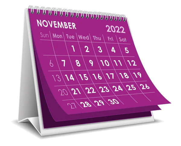 Calendario Desktop Novembre 2022 Sfondo Bianco — Vettoriale Stock
