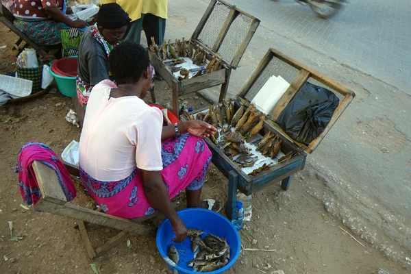 Eine Afrikanerin verkauft Fische — Stockfoto