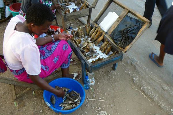 An African woman sells fishes — Stock Photo, Image