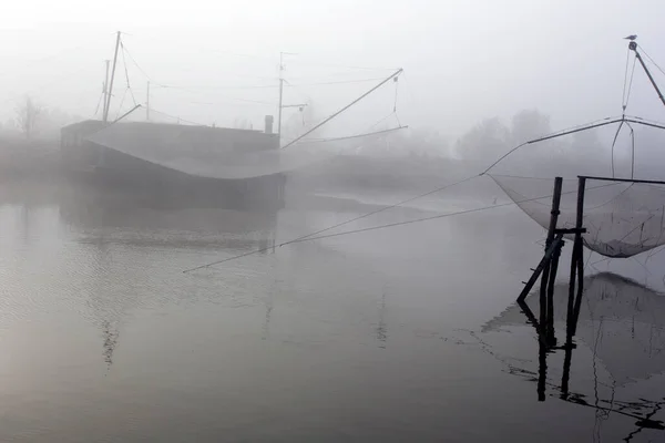 Comacchio Itálie Prosince 2019 Pohled Rybárnu Mlze — Stock fotografie