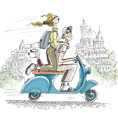 Lovers on scooter in the city clipart