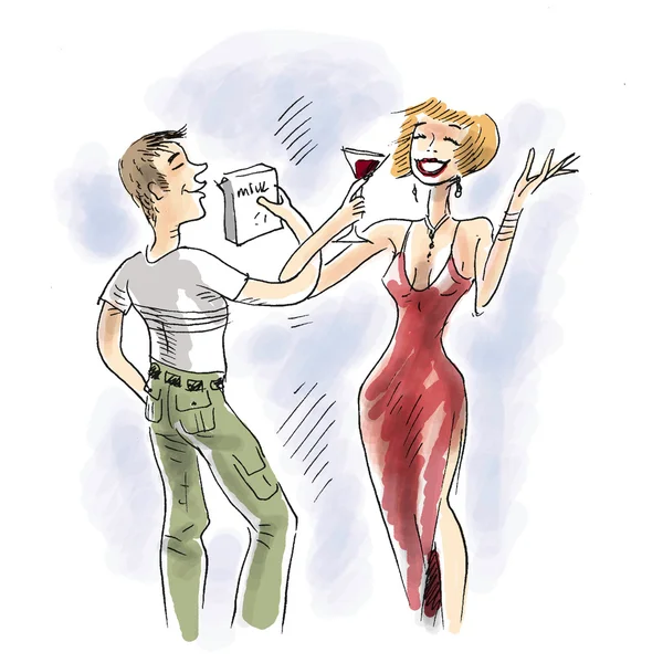 Man drinks milk, woman drinks wine — Stockfoto