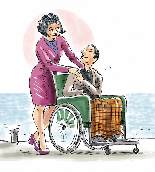 Helping partner on a wheel chair — Stock Photo, Image