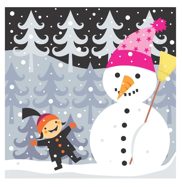 Menino e boneco de neve — Fotografia de Stock