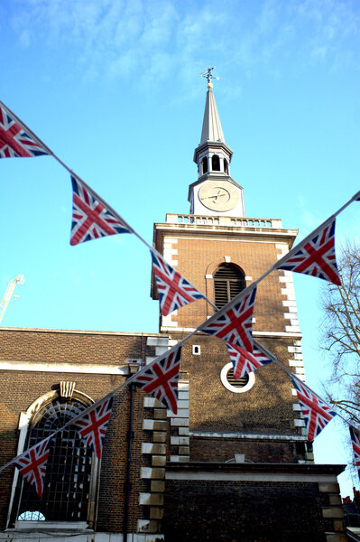 A church with British flags