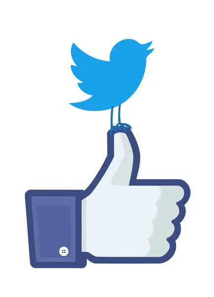 Twitter's bird landed on top of Facebook's "like" finger — Stock Photo, Image