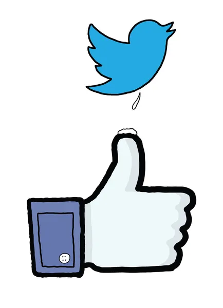 Twitter bird droppings on Facebook's "like" finger — Stock Photo, Image